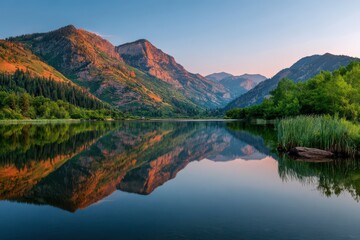 Naklejka premium American Fork Utah Mountains: Beautiful Sunset at Silver Lake Flat Reservoir