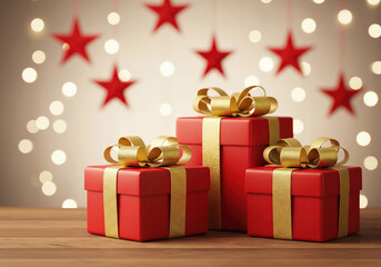 Festive red gift boxes with gold ribbons and twinkling lights background