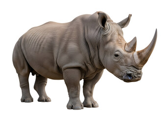Obraz premium Majestic White Rhinoceros standing confidently, showcasing its powerful form and distinctive horns, isolated on transparent background. A symbol of African wildlife and endangered species.
