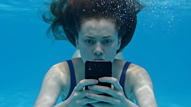A young woman with a focused expression is completely submerged underwater in a blue swimming pool while intensely using her smartphone symbolizing digital addiction and disconnection from reality