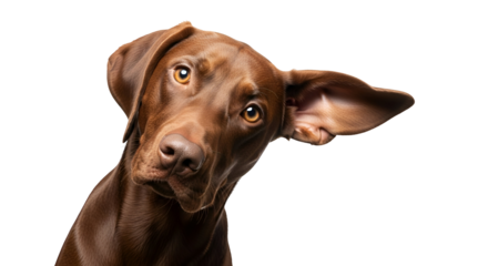Curious Chocolate Brown Dog Portrait Tilting Head with Floppy Ears and Attentive Gaze, an adorable pet isolated on transparent background