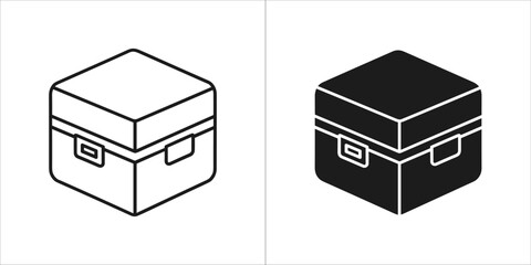 Isometric outline and solid black icon of a closed box with handles