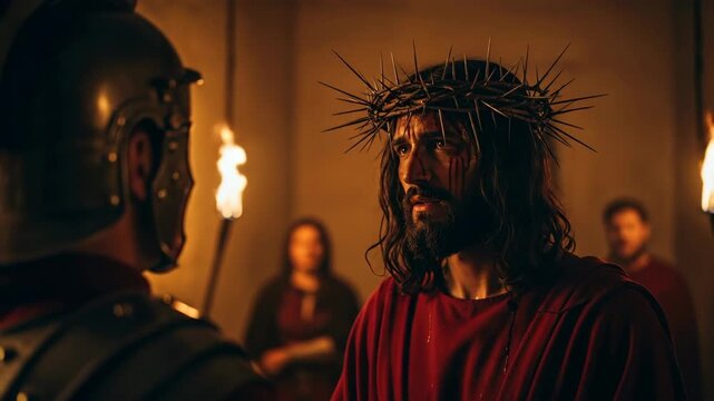 Jesus Christ wearing a crown of thorns and a red robe looks at a Roman soldier during his trial before the crucifixion representing the Passion and Easter story
