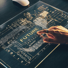 Fototapeta na wymiar Hand Interacting with Futuristic Blueprint Display