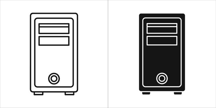 Computer tower icon in outline and solid black