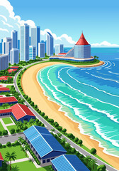 Fototapeta premium Vibrant Tropical Cityscape with Beachfront Buildings and Ocean Waves Under a Clear Blue Sky