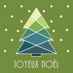 Carte de v&oelig;ux joyeux no&euml;l sur fond vert. Sapin graphique multicolore. Illustration vectorielle dessin&eacute;e &agrave; la main. Fran&ccedil;ais.