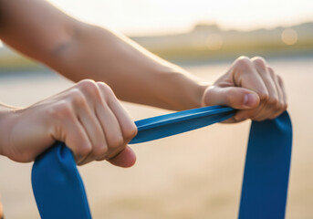 Close up of hands stretching a blue resistance band outdoors