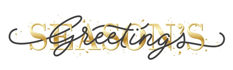 SEASON'S GREETINGS black and metallic gold typography banner with hand lettering and confetti on transparent background