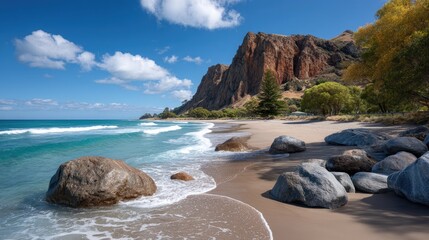 Rocky Beach With Turquoise Waves Under a Bright Blue Sky With Wispy Clouds and Lush Green Trees on the Hillside