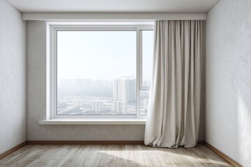 Fototapeta premium Bright room with a large window showing cityscape and draped curtain.