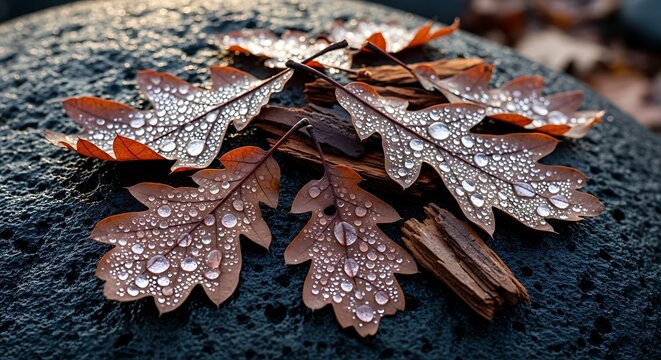 Autumn Oak Leaves with Dew Drops on a Rock.