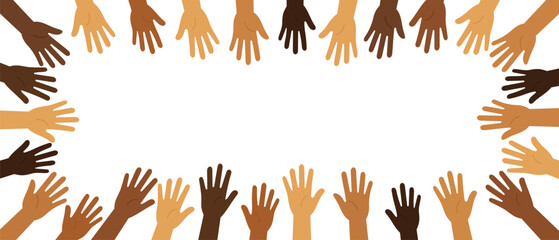 Flat vector of diverse hands forming a frame around white space. Symbol of unity, cooperation, teamwork, and inclusion concept.
