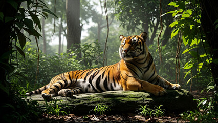 Obraz premium Tiger's Rest A Majestic Bengal Tiger Lounging in Lush Jungle Habitat