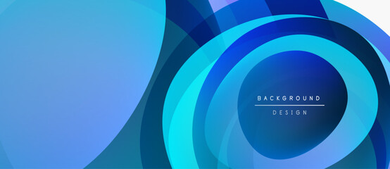 Abstract blue layers create dynamic background. Circular shapes overlap, forming modern design element. Smooth gradients offer visual depth.