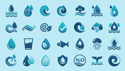 Fototapeta premium Dive into a world of refreshing hydration with these modern water droplet icons perfect for branding, environmental campaigns, and creating a clean aesthetic design