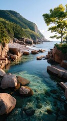 Serene Rocky Coastline with Clear Turquoise Water and Lush Green Trees Under a Bright Blue Sky