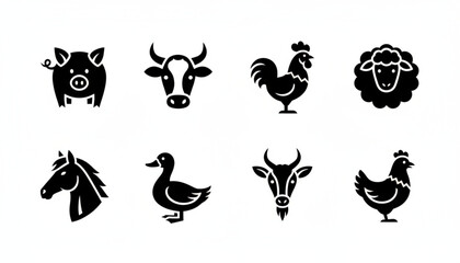 Charming farm animals icons for branding, web design, or crafts, perfect for agriculture, farming, or educational projects with pig, cow, chicken and horse