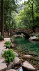 Serene Stone Arch Bridge Bathed in Dappled Sunlight Crossing a Crystal Clear Turquoise River Surrounded by Lush Green Forest and Rocky Shoreline