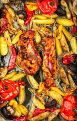 Grilled chicken skewers on a tray, barbecue.