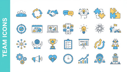 Teamwork icon set conveying collaboration, achieving goals, and celebrating success through partnership, ideal for corporate communications and training materials