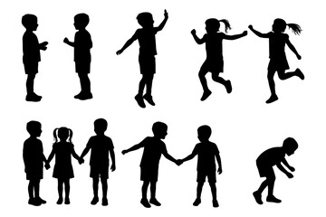 Obraz premium Set of children silhouettes with boys and girls standing, talking, jumping, and holding hands in various poses