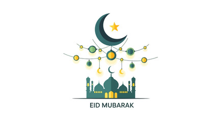 Fototapeta premium Eid Mubarak Graphic with Mosque Crescent Moon Star and Lights.