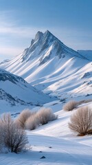 Majestic Snowy Mountain Peak Under a Clear Blue Sky with Frosted Bushes in the Foreground