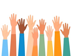 Fototapeta premium Diverse cartoon hands with arms raised in a white background