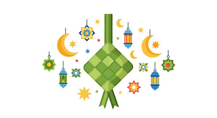 Green Ketupat with Decorative Elements Celebrating Islamic Holiday Vector Illustration.