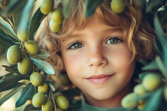 Generative AI image of smiling child holding harvested green olives in olive oil production farm - Powered by Adobe