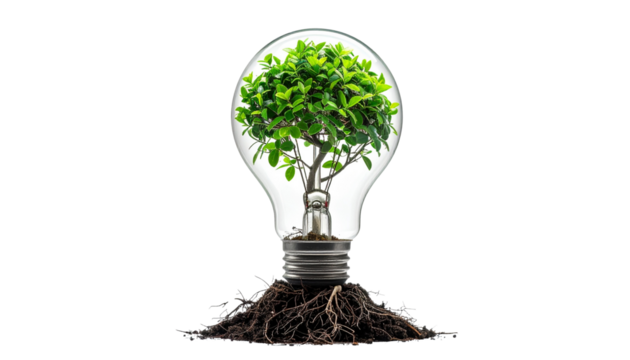 Light bulb filled with green leaves and roots, idea development and sustainable learning concept, isolated on transparent background