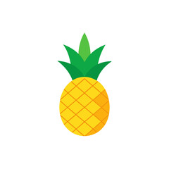 Stylized flat design vector illustration of a whole fresh yellow pineapple fruit with lush green leaves, symbolizing summer, healthy eating, and tropical vacation icon.