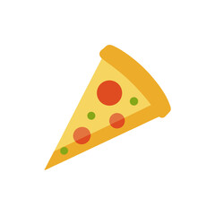 Flat vector illustration of a single triangular pizza slice, featuring golden crust, yellow cheese, and red tomato toppings, perfect for food menus and delivery apps.