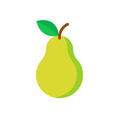 Cartoon flat design illustration of a ripe green pear fruit with stem and leaf, vector graphic isolated element symbolizing healthy eating, diet and wellness on white background.
