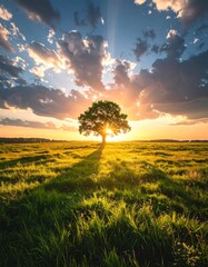 Vast green field with a solitary tree catching a golden sunset