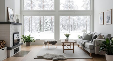 Obraz premium Bright living room with large windows overlooking a snowy forest, featuring a fireplace, sofa, and plants.