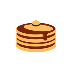 Symmetric stack of five golden brown breakfast pancakes drizzled with thick chocolate syrup topping and a melting knob of butter, stylized flat vector icon illustration