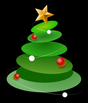 Stylized Christmas tree made of layered green shapes with glowing highlights, red ornaments, and a golden star on top. Festive modern holiday design on a black background.