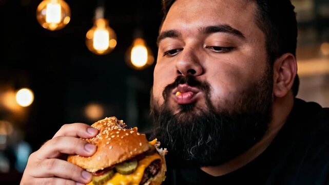 Close-up of a hungry bearded man eating a juicy cheeseburger. A person taking a large bite of a fast food meal in a restaurant. Food indulgence and appetite concept