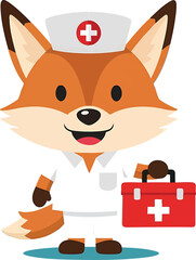 Cute cartoon fox nurse with first aid kit & nurse's cap. Ideal for children's health, pet care, or friendly medical branding. Simple & adorable.