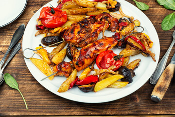 Chicken skewers souvlaki with roasted potatoes.