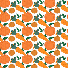Seamless autumn pattern with pumpkins. Cozy fall background with hand-drawn orange pumpkins and leaves. Perfect for seasonal design, Thanksgiving, harvest festival, packaging, fabric, and home decor. 