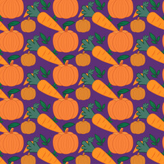 Seamless autumn pattern with pumpkins. Cozy fall background with hand-drawn orange pumpkins and leaves. Perfect for seasonal design, Thanksgiving, harvest festival, packaging, fabric, and home decor. 