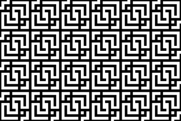 Abstract geometric maze, monochrome tile pattern.