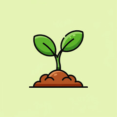 A vibrant, minimalist 2D vector icon illustrating a young plant sprout with two fresh green leaves emerging from brown soil, symbolizing growth, new beginnings, and environmental development