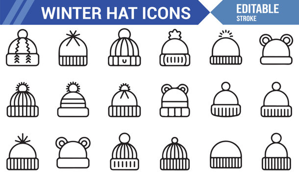 "Simple Line Art Winter Headwear Icons – Beanies, Knitted Caps, and Wool Hats"