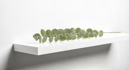 Eucalyptus branch on white shelf, minimalist decor, natural aesthetic.