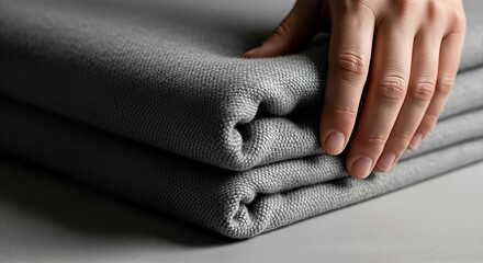 Hand arranging folded gray fabric, showcasing texture and softness, close-up shot.