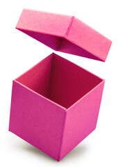 Open empty pink gift box and lid floating above a box isolated on white background. File contains clipping path.